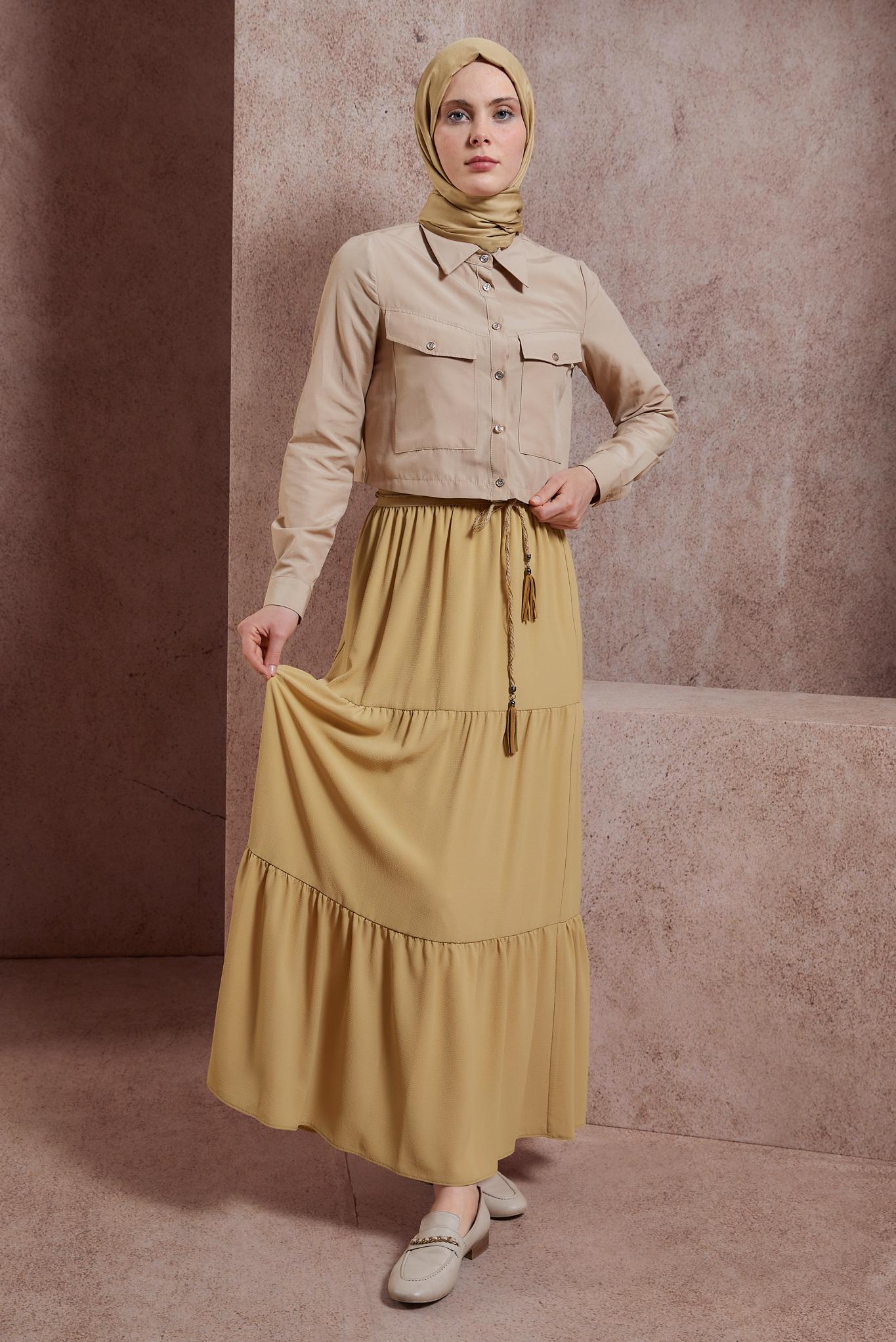 Tesettür giyim KAHVE BAĞCIK DETAYLI ETEK 60432