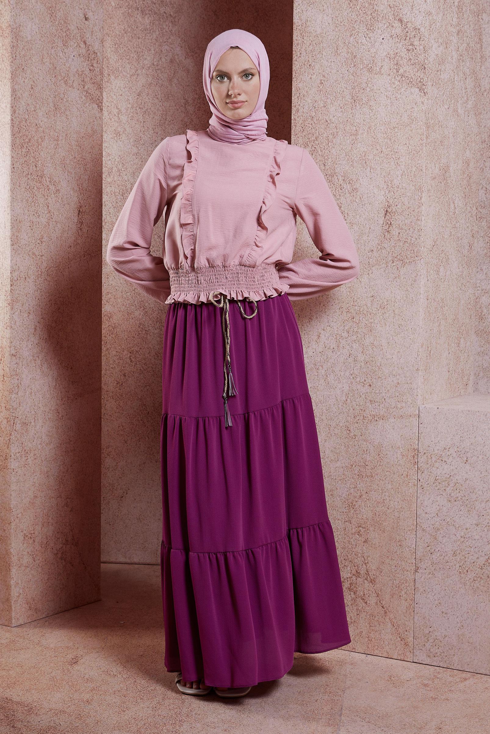 Tesettür giyim FUŞYA BAĞCIK DETAYLI ETEK 60432