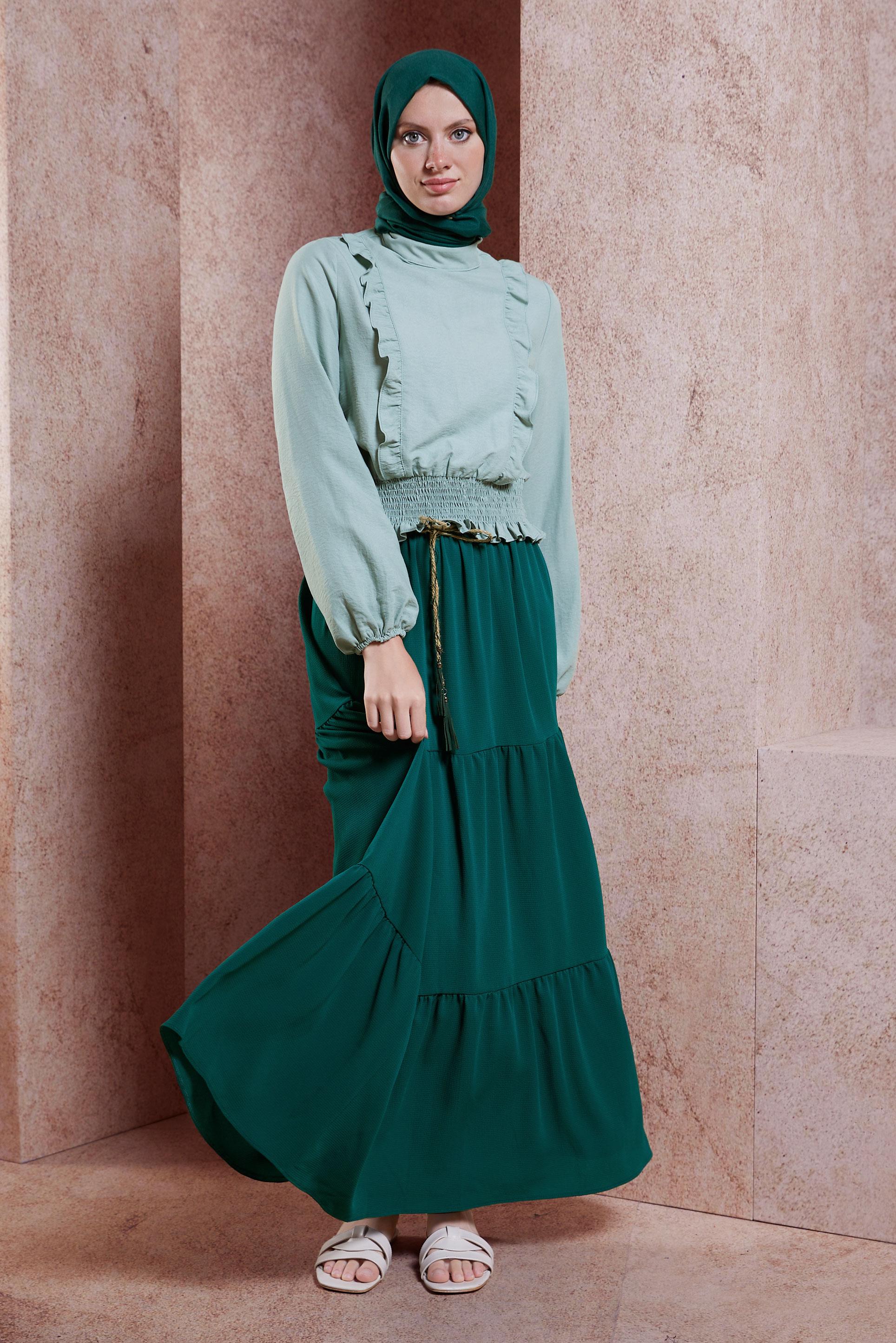 Tesettür giyim YEŞİL BAĞCIK DETAYLI ETEK 60432