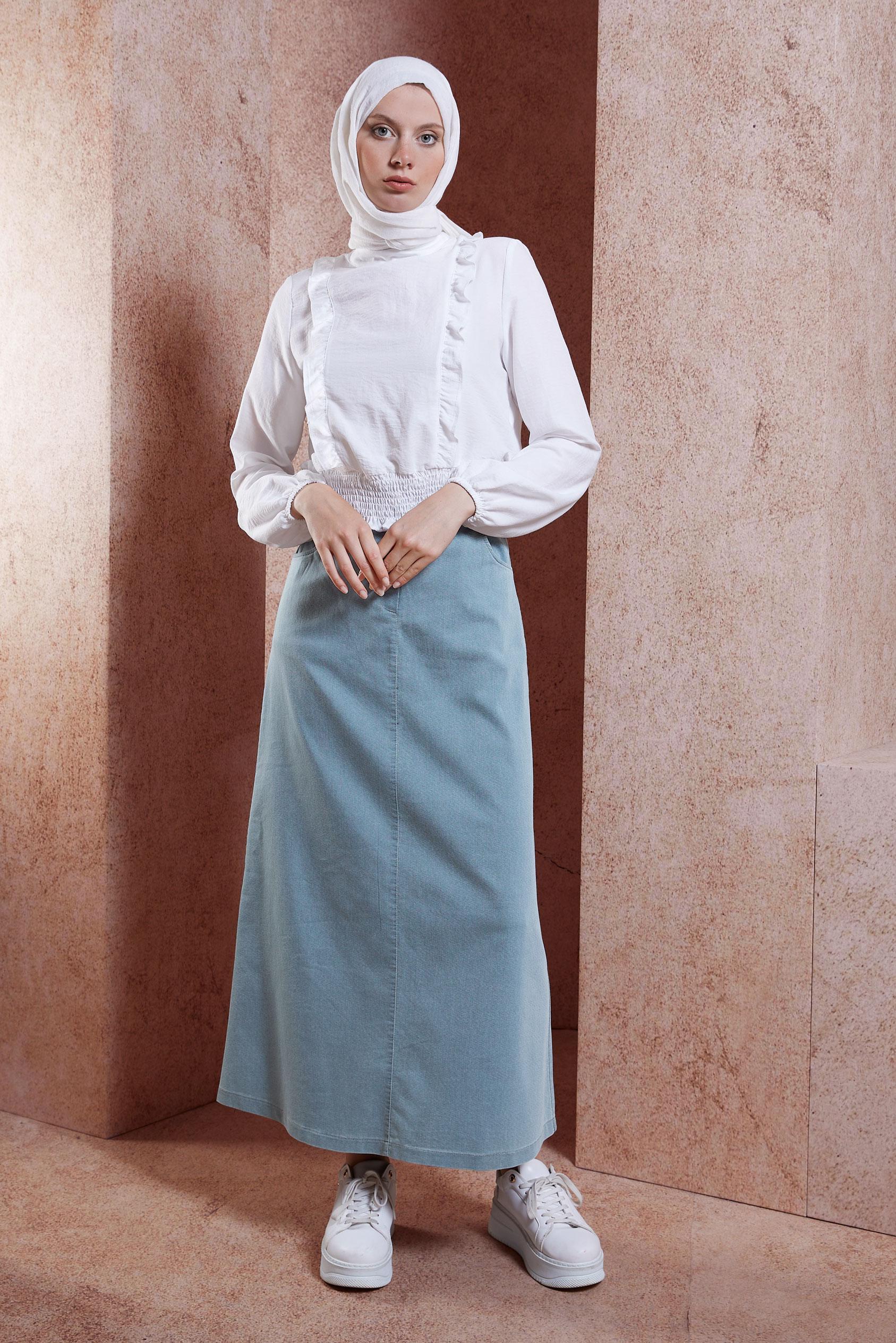 Tesettür giyim MAVİ CEPLİ DENİM ETEK 60433 