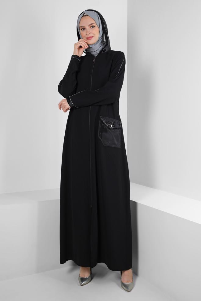 Vêtements hijab NOIR MANTEAU À CAPUCHE RAYÉ JEWEL 80050 - ALVİNA