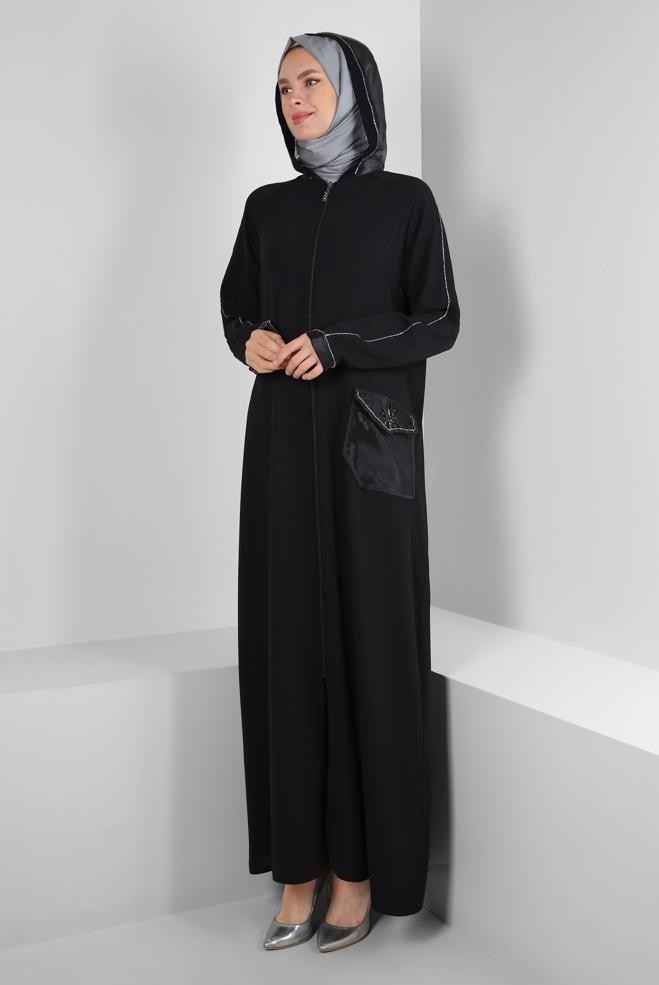 Vêtements hijab NOIR MANTEAU À CAPUCHE RAYÉ JEWEL 80050 - ALVİNA