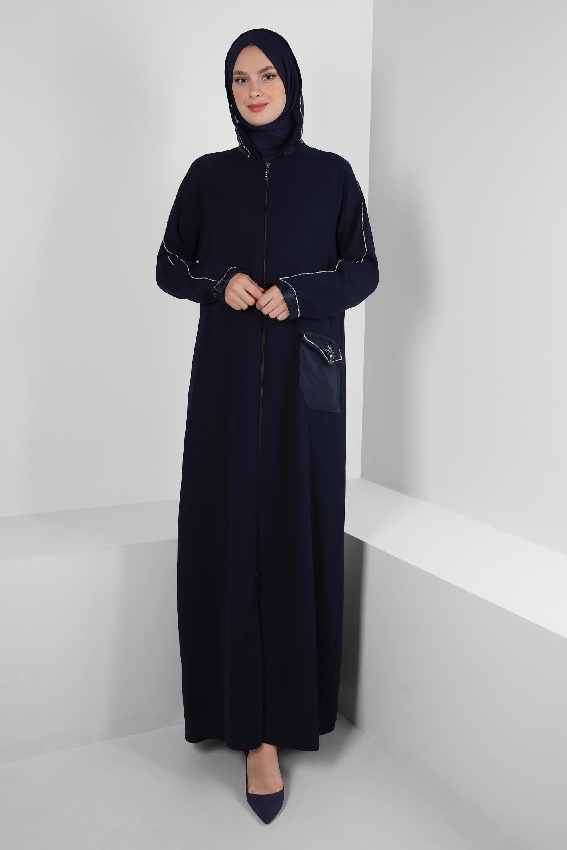 Hijab clothing NAVY BLUE HOODED JEWEL STRIPED TOPCOAT 80050