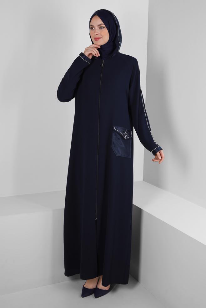 Vêtements hijab BLEU MARINE MANTEAU À CAPUCHE RAYÉ JEWEL 80050 - ALVİNA