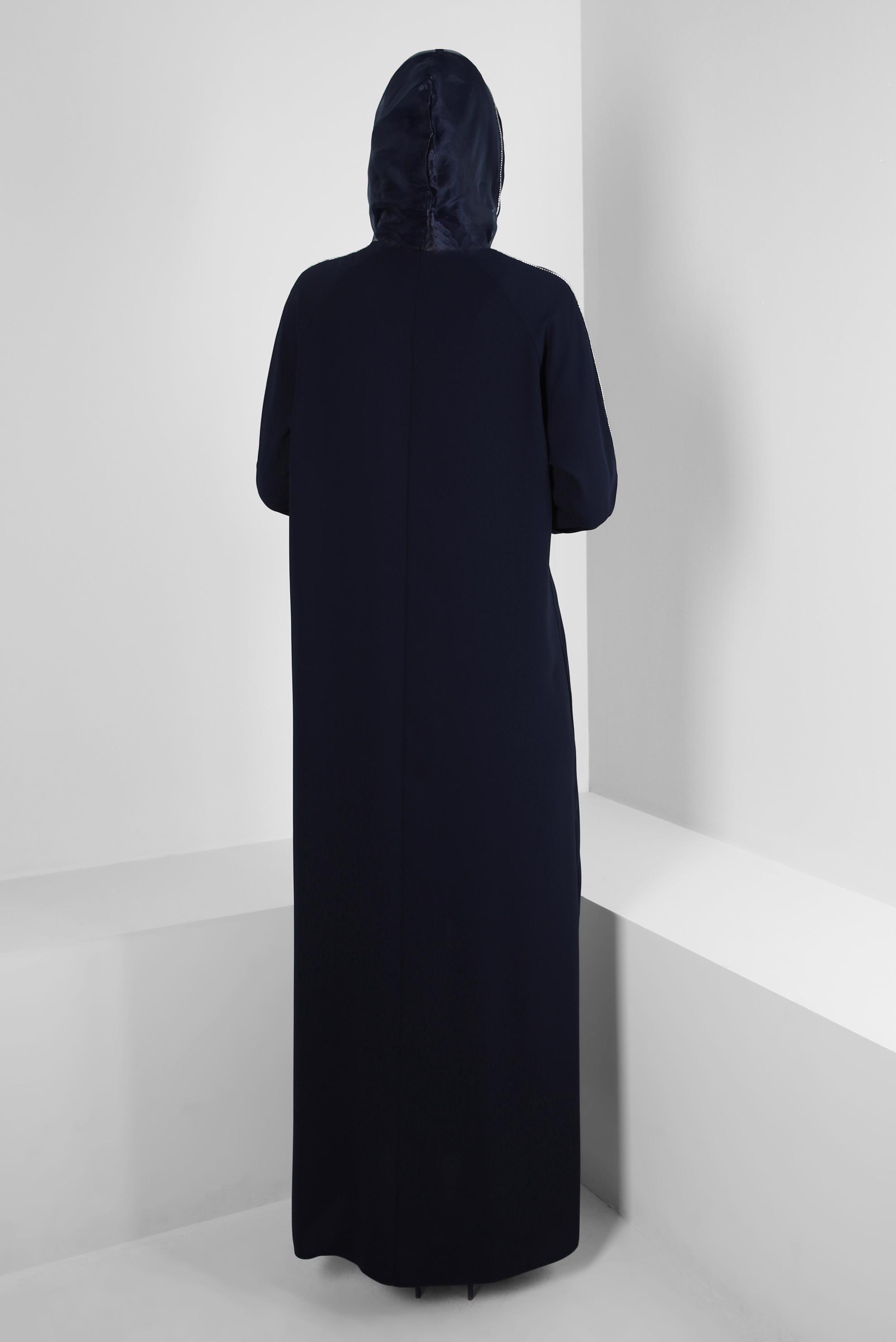 Hijab clothing NAVY BLUE HOODED JEWEL STRIPED TOPCOAT 80050