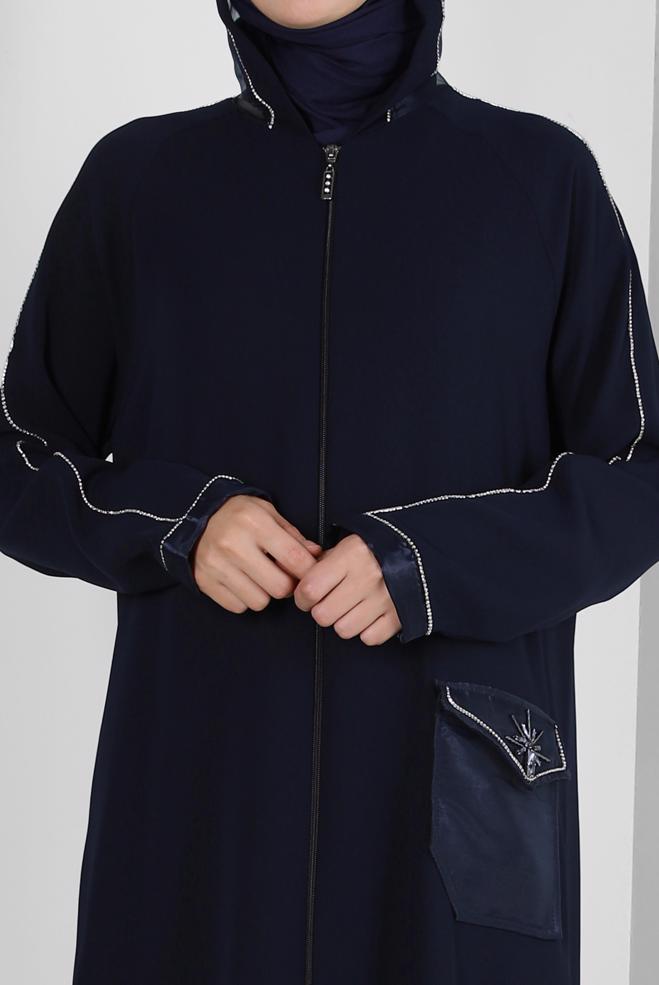 Vêtements hijab BLEU MARINE MANTEAU À CAPUCHE RAYÉ JEWEL 80050 - ALVİNA