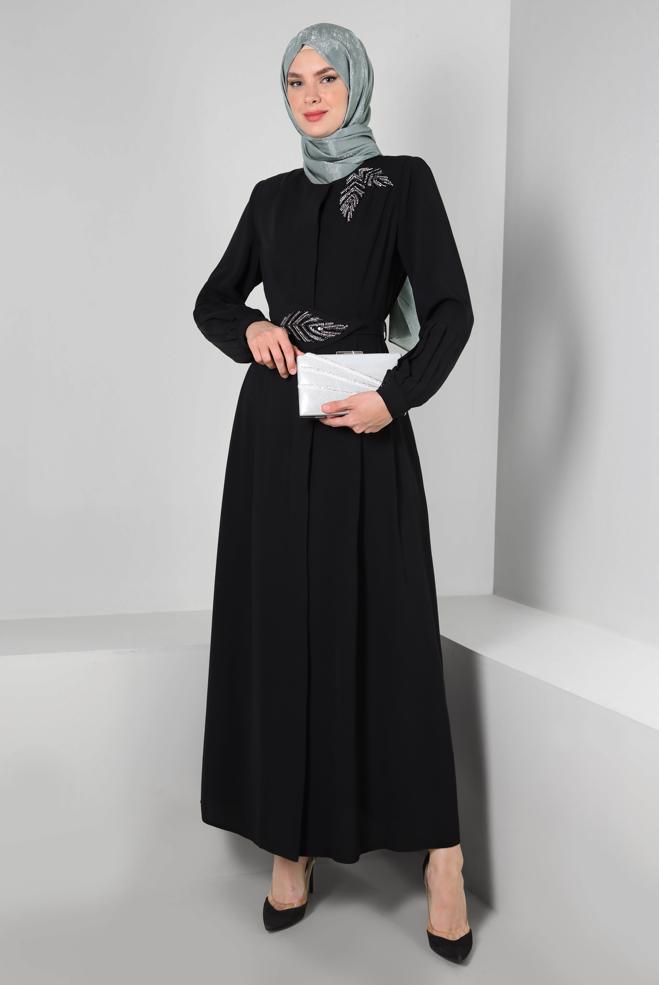 Tesettür giyim  GİZLİ DÜĞMELİ TAŞ İŞLEME DETAYLI FERACE 80051 - ALVİNA