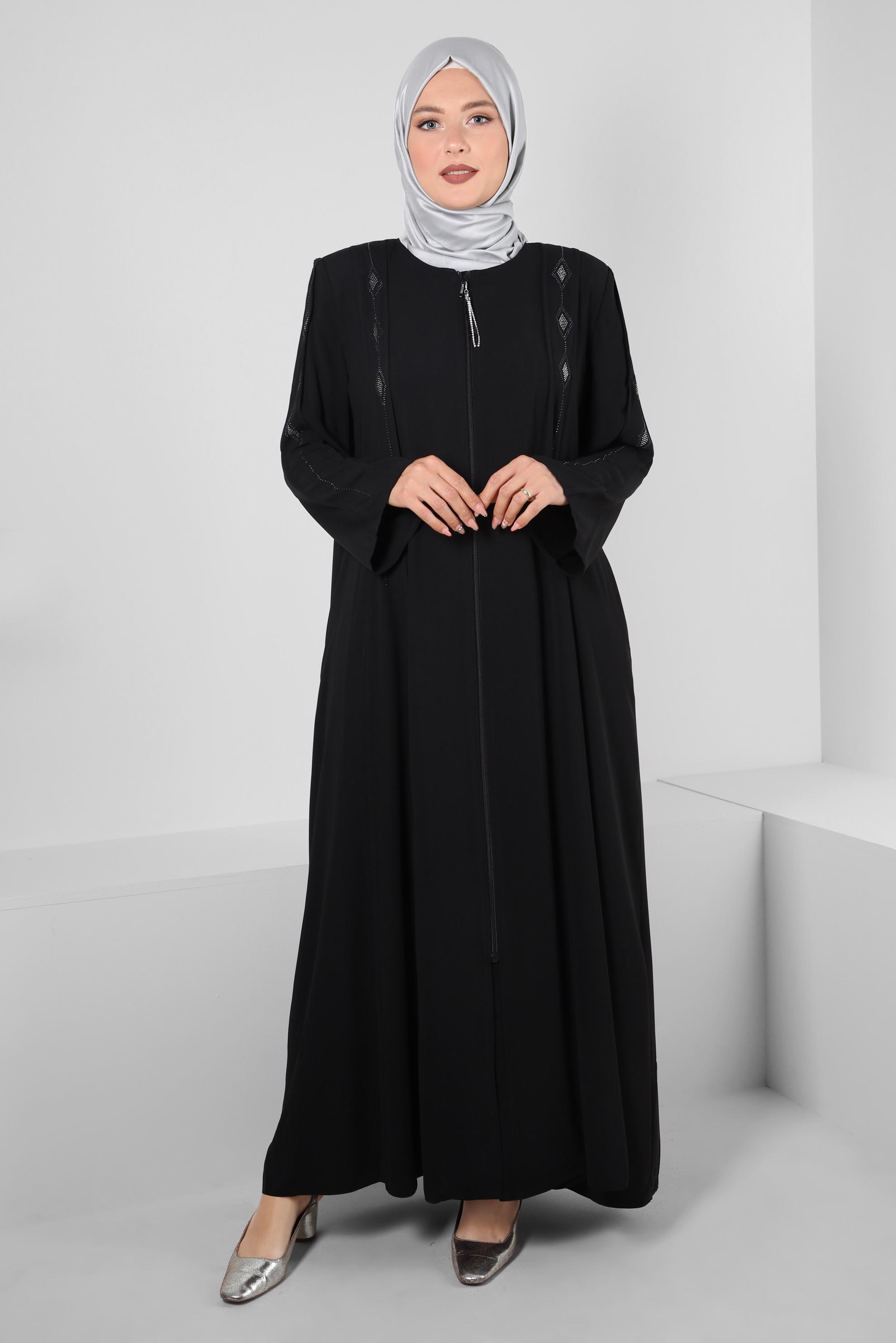 Tesettür giyim SİYAH CEPLİ TAŞ BASKILI FERMUARLI FERACE 80054