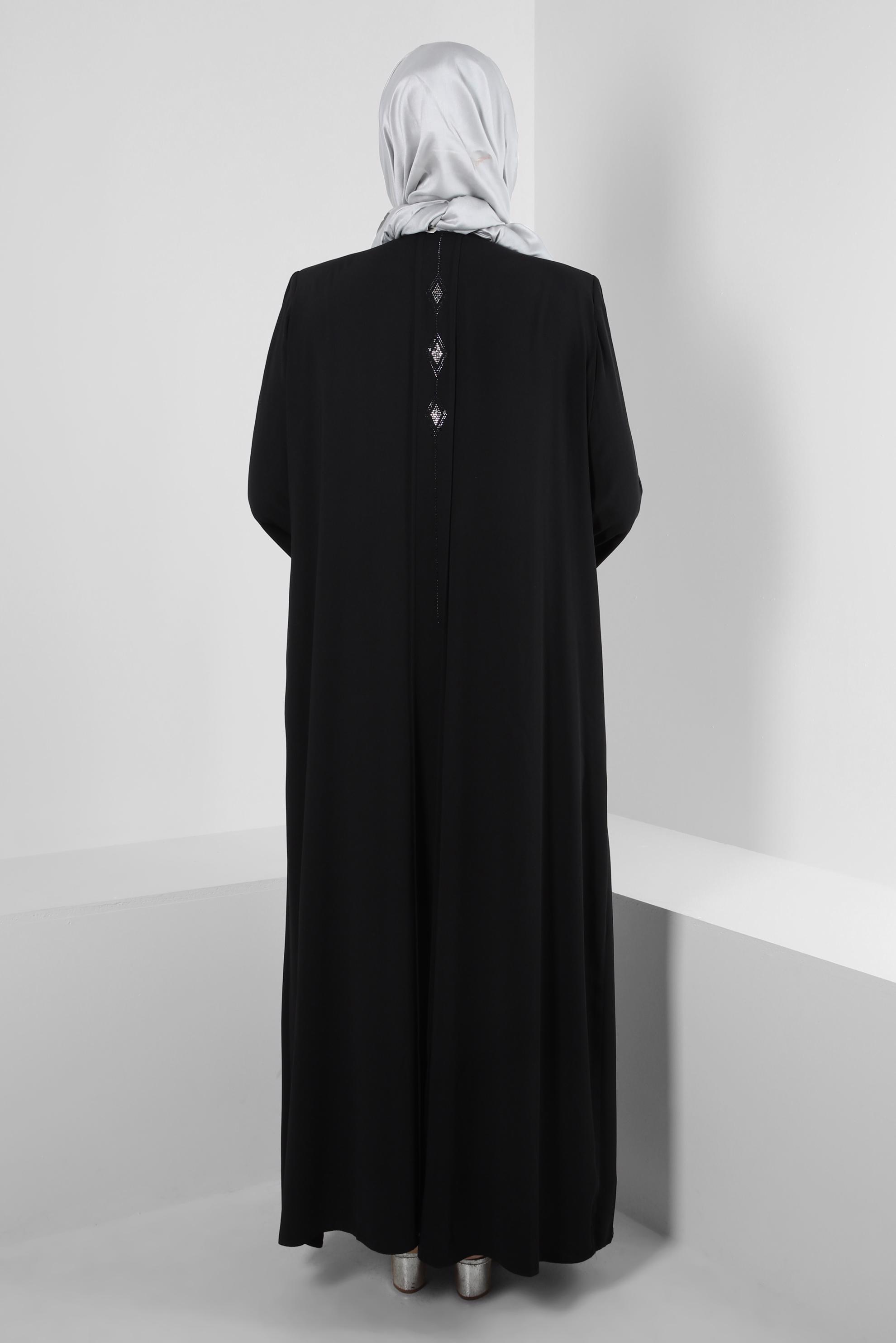 Tesettür giyim SİYAH CEPLİ TAŞ BASKILI FERMUARLI FERACE 80054