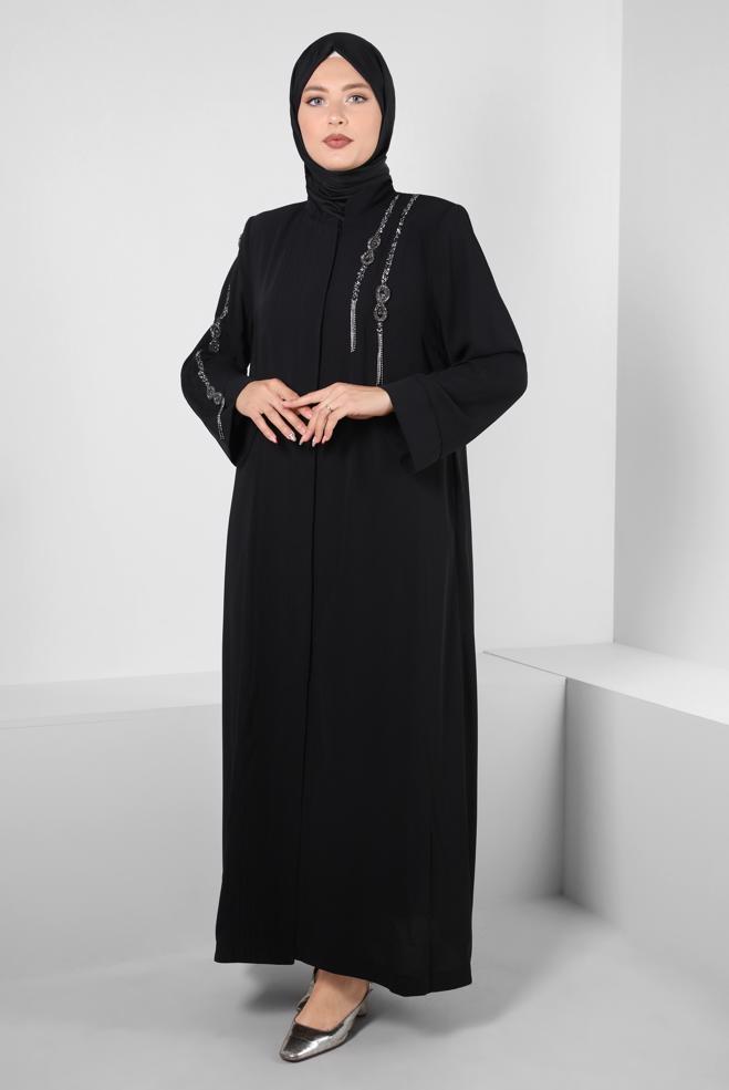 Hijab clothing BLACK GEM EMBROIDERED TOPCOAT WITH POCKET DETAIL 80056 - ALVİNA