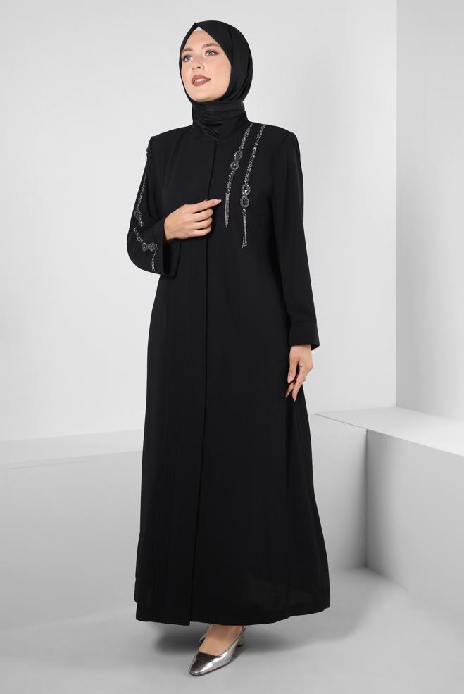 Hijab clothing BLACK GEM EMBROIDERED TOPCOAT WITH POCKET DETAIL 80056 - ALVİNA