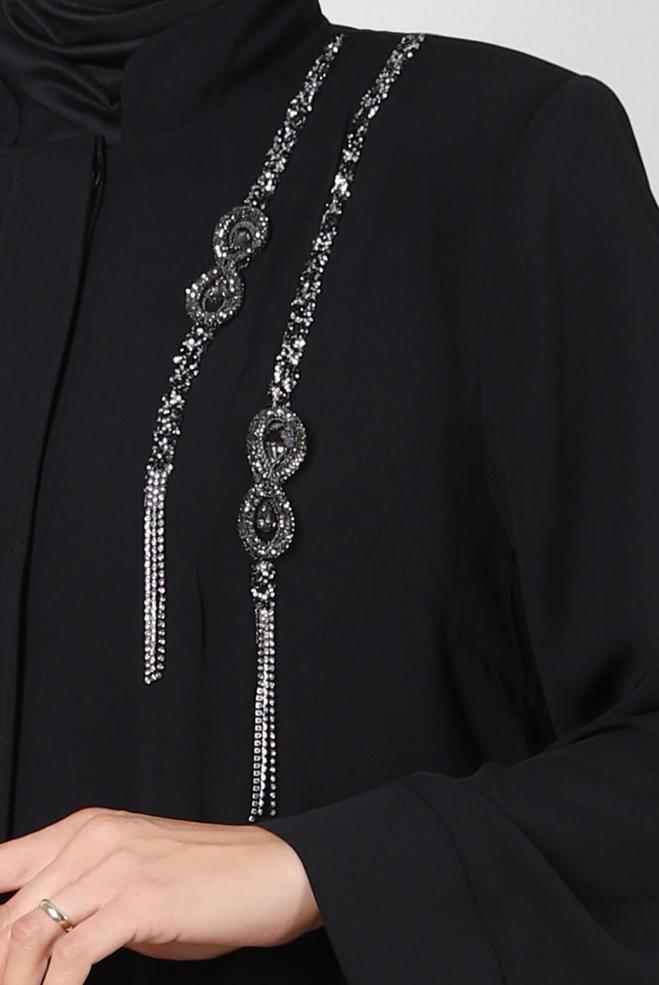 Hijab clothing BLACK GEM EMBROIDERED TOPCOAT WITH POCKET DETAIL 80056 - ALVİNA