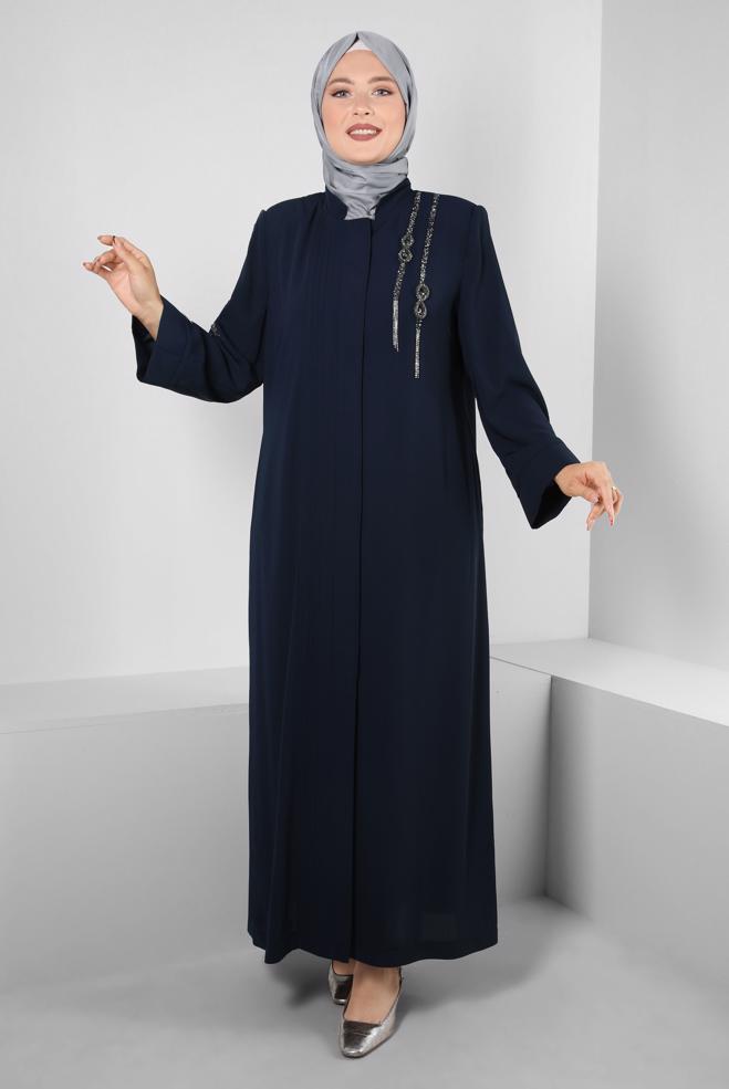 Hijab clothing NAVY BLUE GEM EMBROIDERED TOPCOAT WITH POCKET DETAIL 80056 - ALVİNA
