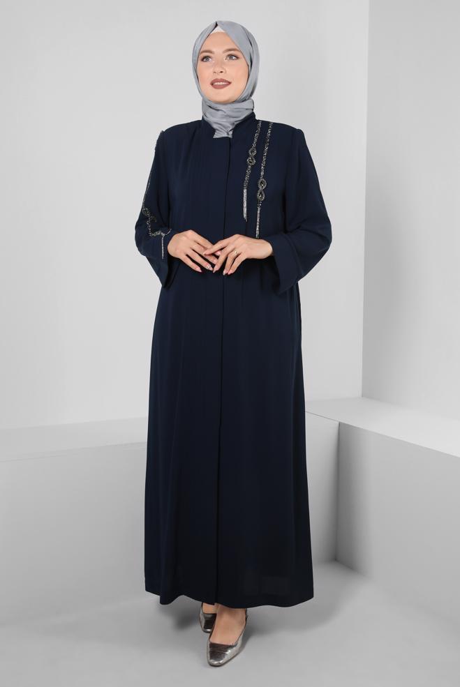 Hijab clothing NAVY BLUE GEM EMBROIDERED TOPCOAT WITH POCKET DETAIL 80056 - ALVİNA
