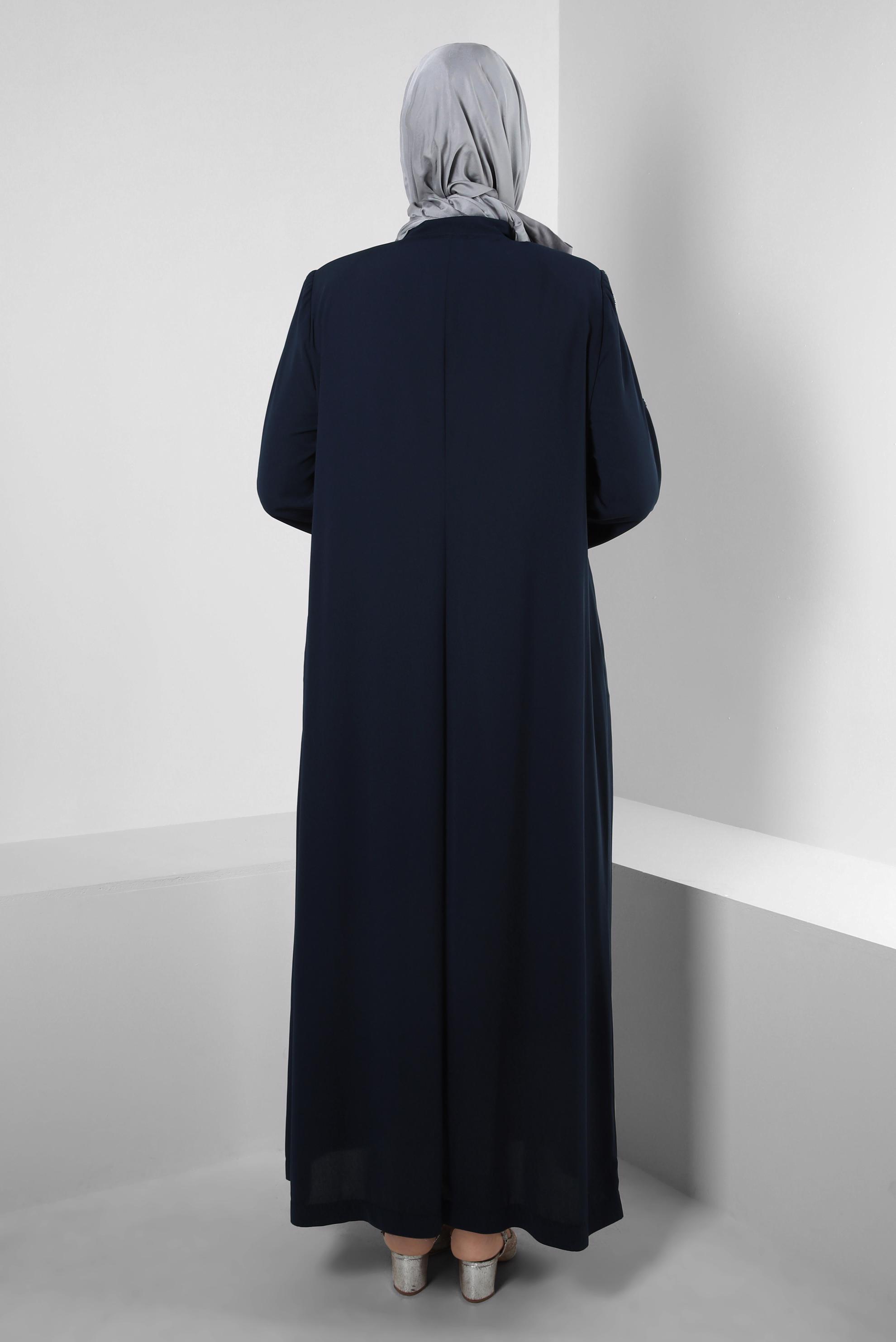 Tesettür giyim LACİVERT CEPLİ TAŞ DETAYLI FERACE 80056