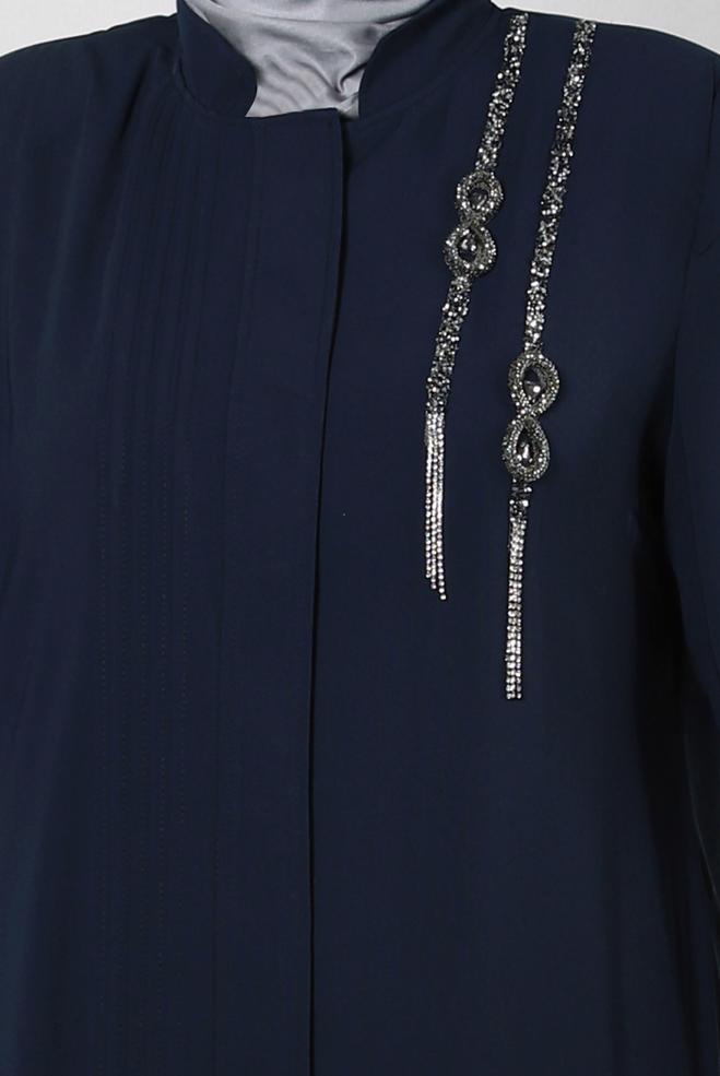 Hijab clothing NAVY BLUE GEM EMBROIDERED TOPCOAT WITH POCKET DETAIL 80056 - ALVİNA