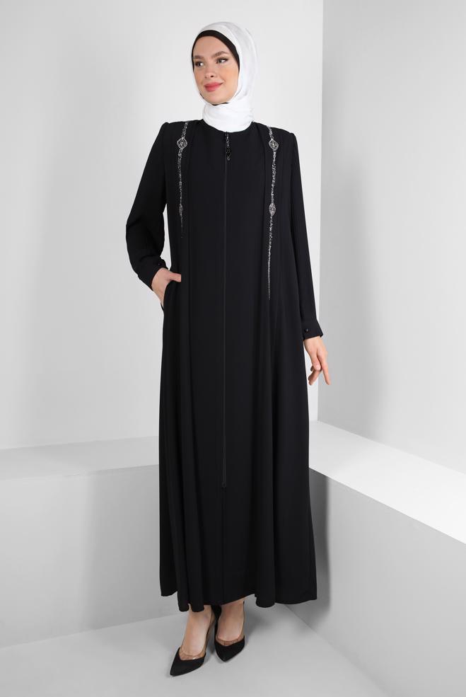 Hijab-Kleidung SCHWARZ TAŞ BASKILI VATKALI FERMUARLI FERACE 80057 - ALVİNA