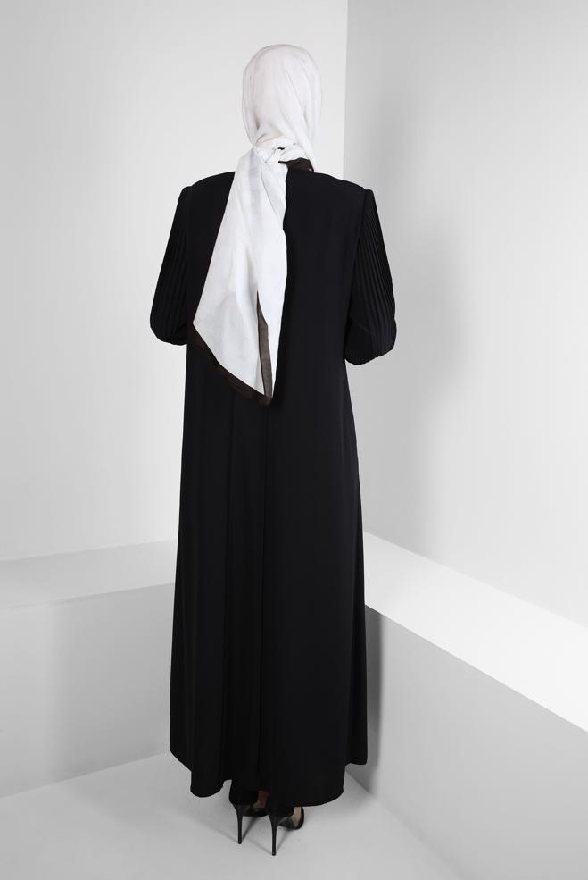Hijab-Kleidung SCHWARZ TAŞ BASKILI VATKALI FERMUARLI FERACE 80057 - ALVİNA