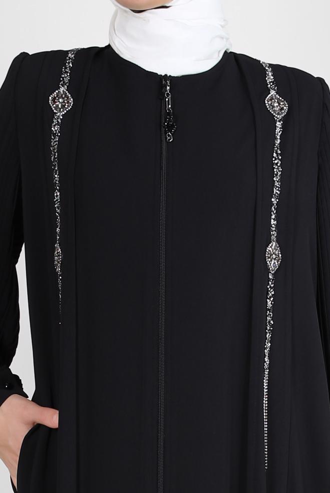 Hijab-Kleidung SCHWARZ TAŞ BASKILI VATKALI FERMUARLI FERACE 80057 - ALVİNA