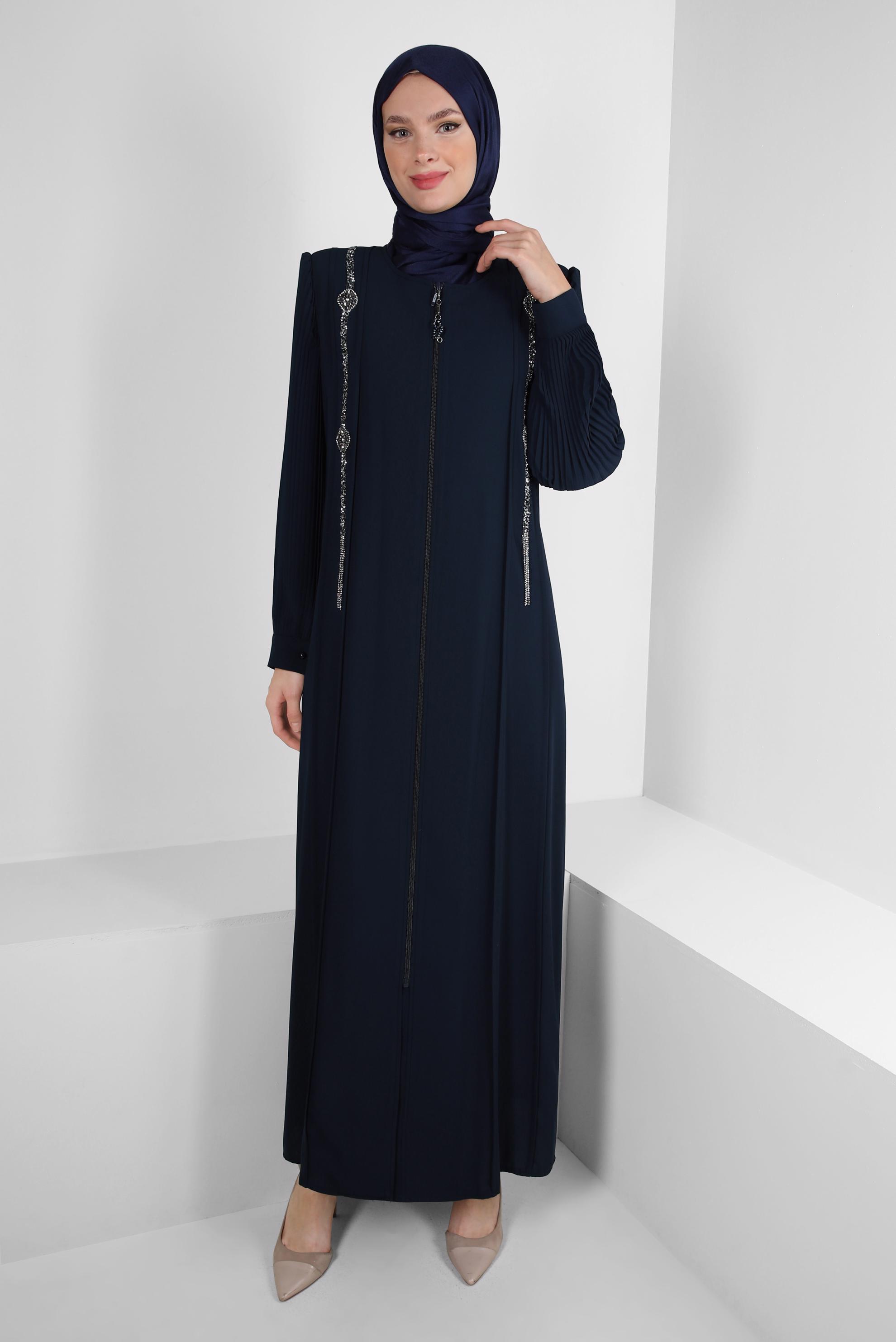 Hijab clothing NAVY BLUE GEM EMBROIDERED PADDED TOPCOAT WITH ZIPPER 80057 