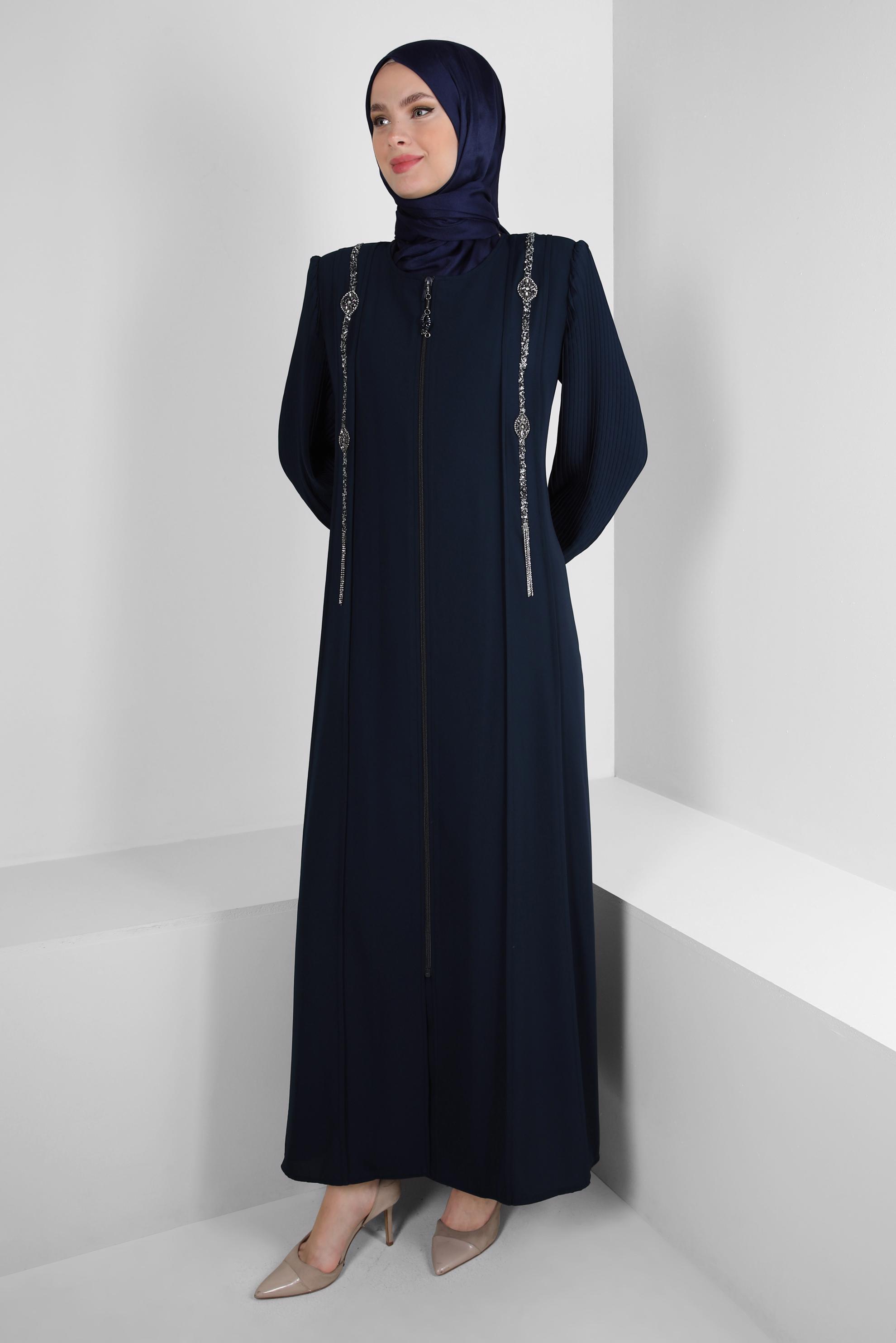 Hijab clothing NAVY BLUE GEM EMBROIDERED PADDED TOPCOAT WITH ZIPPER 80057 