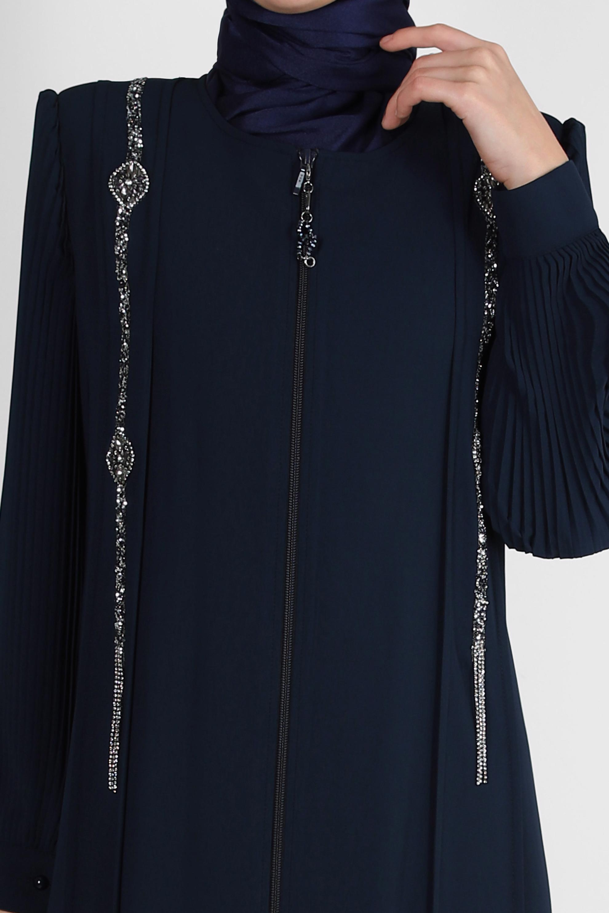 Hijab clothing NAVY BLUE GEM EMBROIDERED PADDED TOPCOAT WITH ZIPPER 80057 