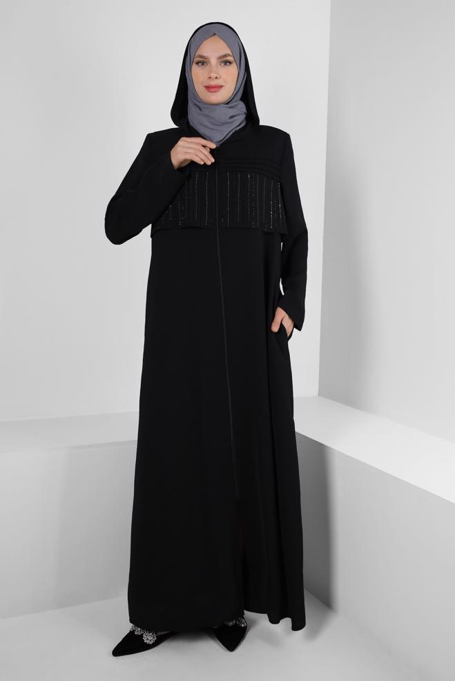 Vêtements hijab NOIR SURMANTEAU ZIPPÉ À CAPUCHE AVEC GEM BRODÉ 80059 - ALVİNA