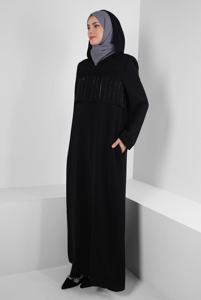 Vêtements hijab NOIR SURMANTEAU ZIPPÉ À CAPUCHE AVEC GEM BRODÉ 80059 - ALVİNA