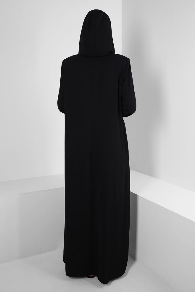 Vêtements hijab NOIR SURMANTEAU ZIPPÉ À CAPUCHE AVEC GEM BRODÉ 80059 - ALVİNA