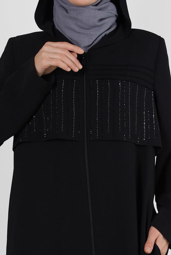 Vêtements hijab NOIR SURMANTEAU ZIPPÉ À CAPUCHE AVEC GEM BRODÉ 80059 - ALVİNA