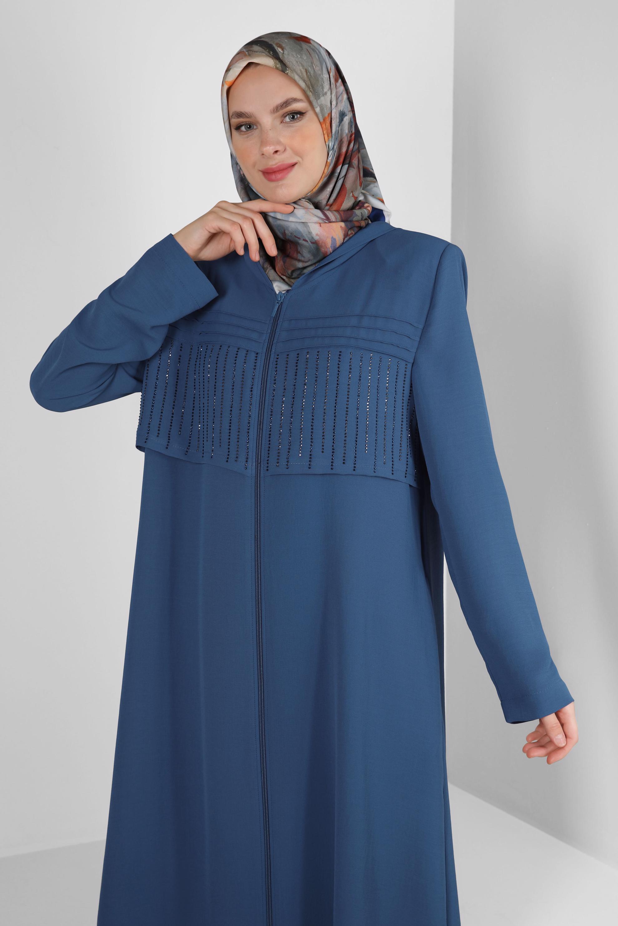 Hijab clothing NAVY BLUE HOODED ZIPPERED TOPCOAT WITH GEM EMBROIDERED 80059