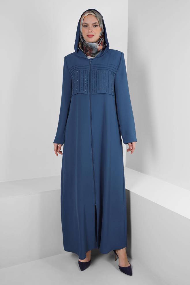 Vêtements hijab BLEU MARINE SURMANTEAU ZIPPÉ À CAPUCHE AVEC GEM BRODÉ 80059 - ALVİNA