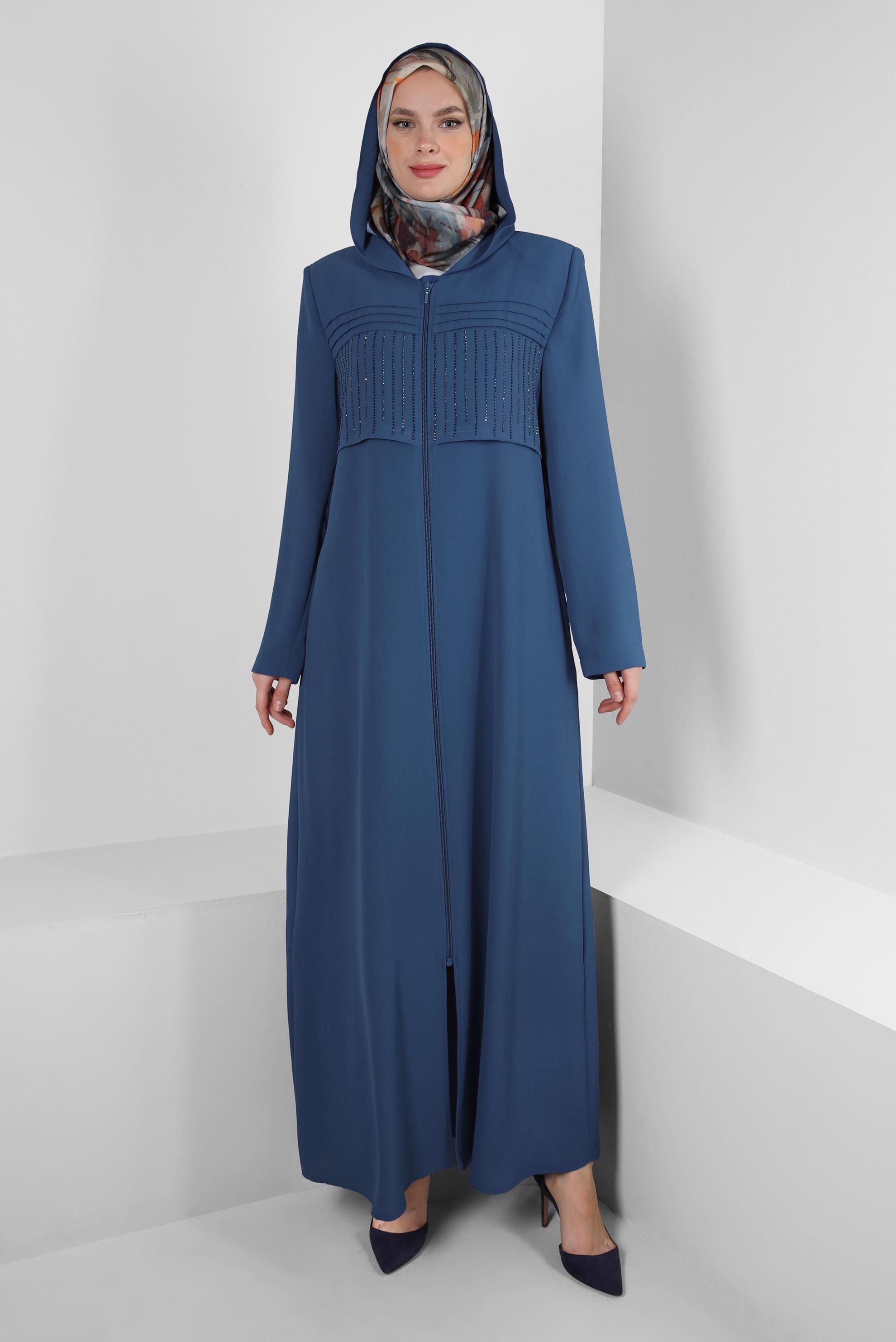 Hijab clothing NAVY BLUE HOODED ZIPPERED TOPCOAT WITH GEM EMBROIDERED 80059
