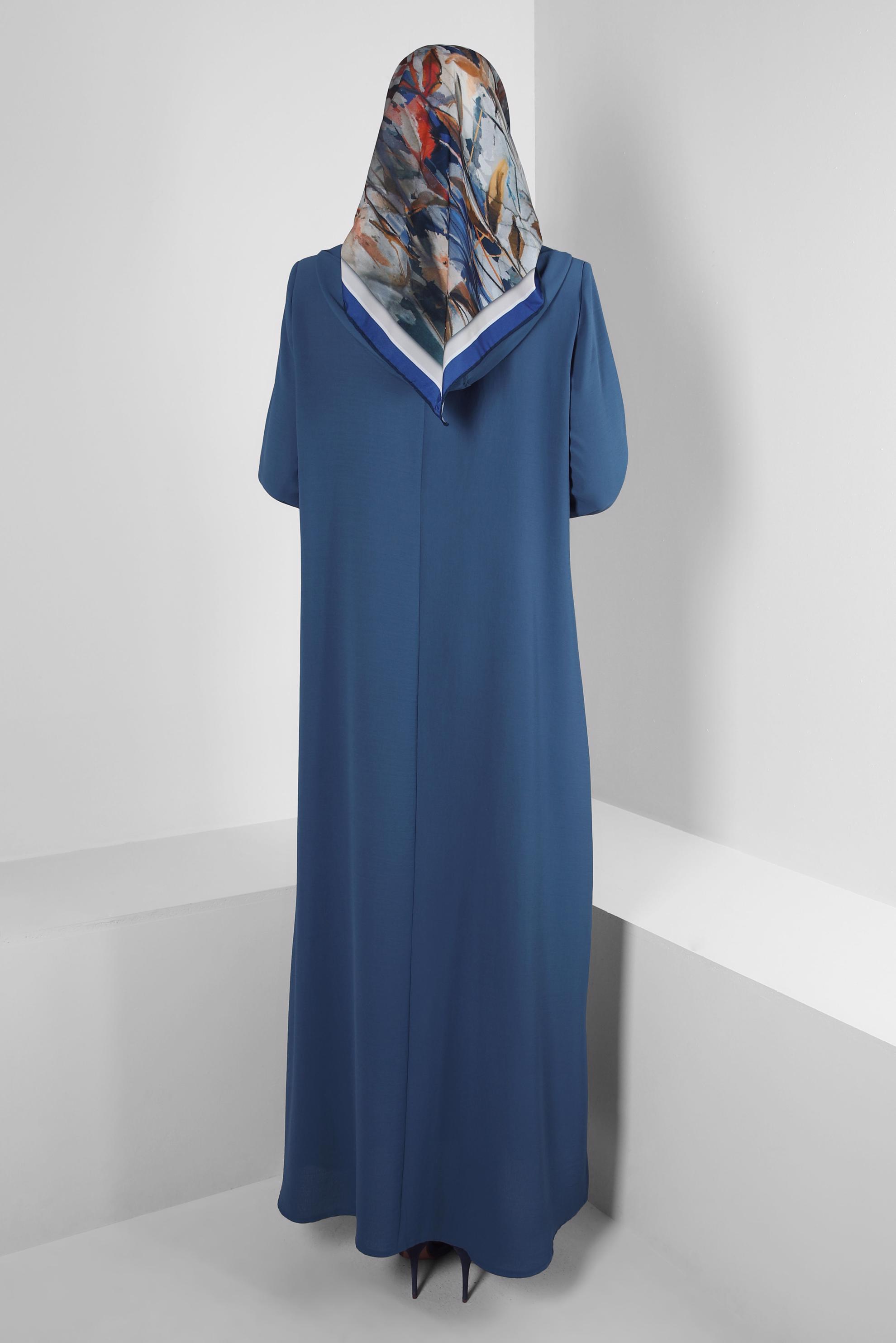 Hijab clothing NAVY BLUE HOODED ZIPPERED TOPCOAT WITH GEM EMBROIDERED 80059