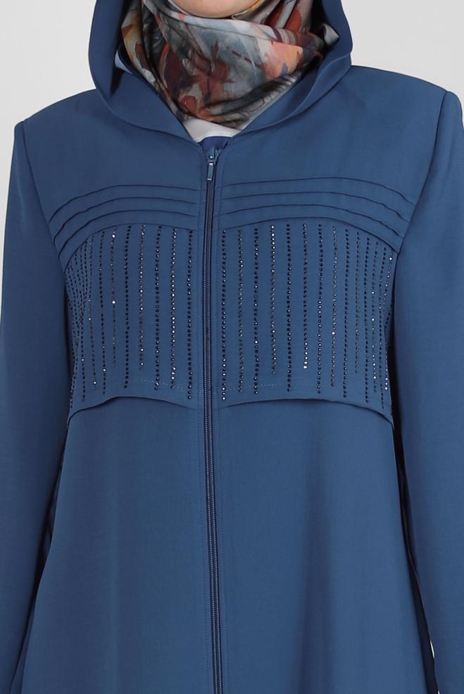 Vêtements hijab BLEU MARINE SURMANTEAU ZIPPÉ À CAPUCHE AVEC GEM BRODÉ 80059 - ALVİNA