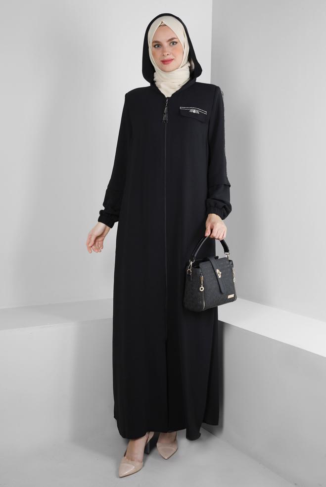 Vêtements hijab NOIR PARDESSUS ZIPPÉ À CAPUCHE AVEC DÉTAIL GEM 80061 - ALVİNA