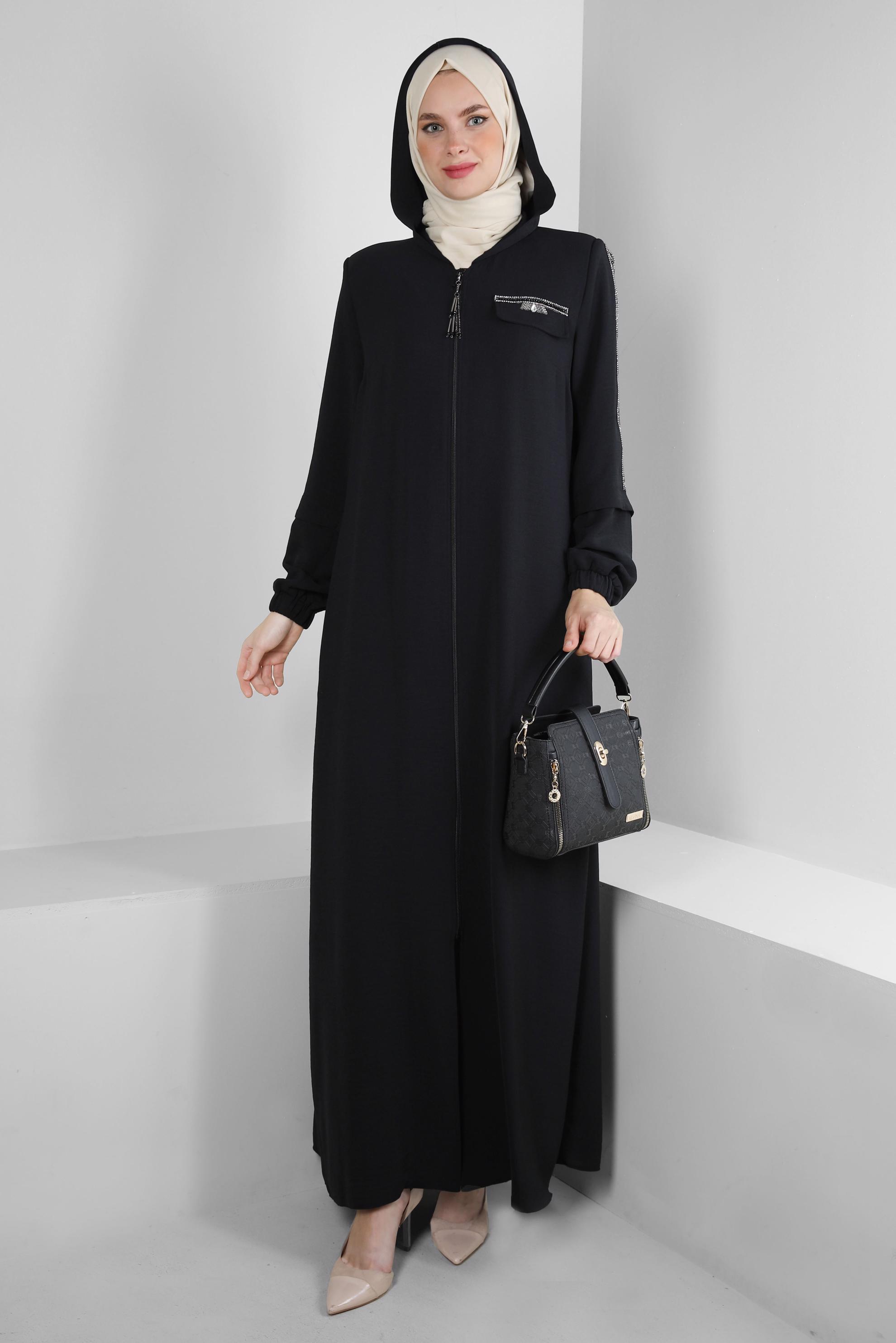 Hijab clothing BLACK HOODED ZIPPERED TOPCOAT WITH GEM DETAIL 80061