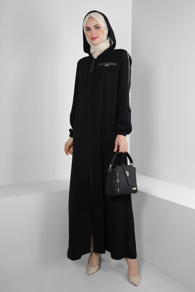 Vêtements hijab NOIR PARDESSUS ZIPPÉ À CAPUCHE AVEC DÉTAIL GEM 80061 - ALVİNA