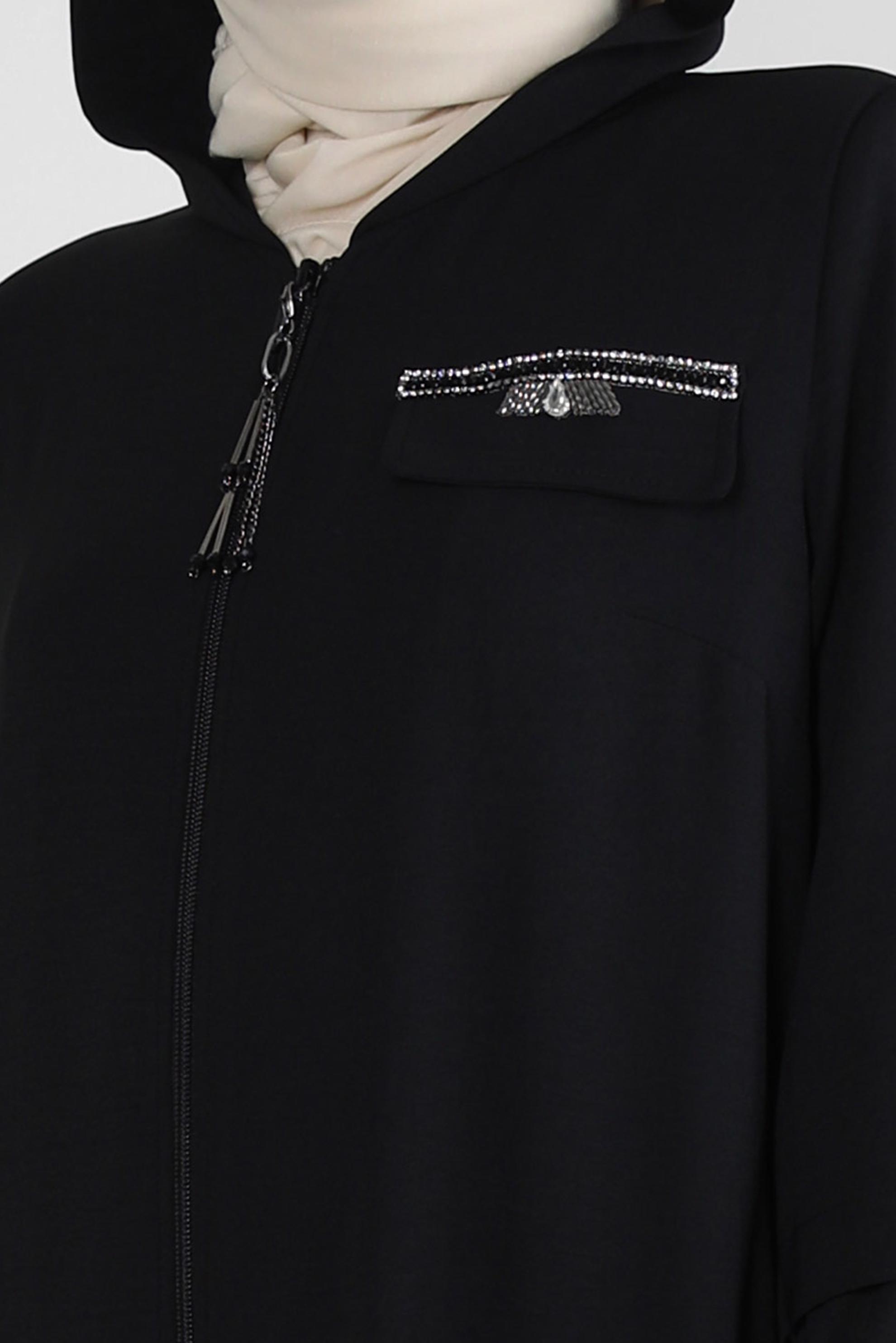 Hijab clothing BLACK HOODED ZIPPERED TOPCOAT WITH GEM DETAIL 80061
