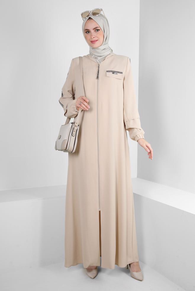 Vêtements hijab BEIGE PARDESSUS ZIPPÉ À CAPUCHE AVEC DÉTAIL GEM 80061 - ALVİNA