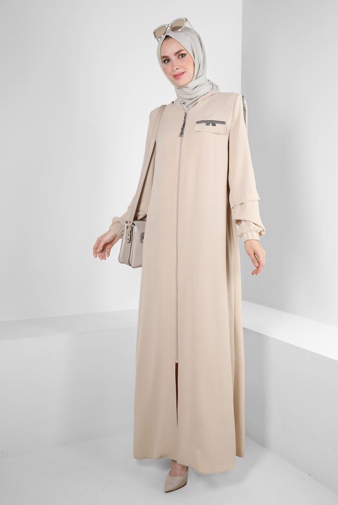 Vêtements hijab BEIGE PARDESSUS ZIPPÉ À CAPUCHE AVEC DÉTAIL GEM 80061 - ALVİNA