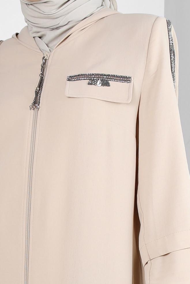 Vêtements hijab BEIGE PARDESSUS ZIPPÉ À CAPUCHE AVEC DÉTAIL GEM 80061 - ALVİNA