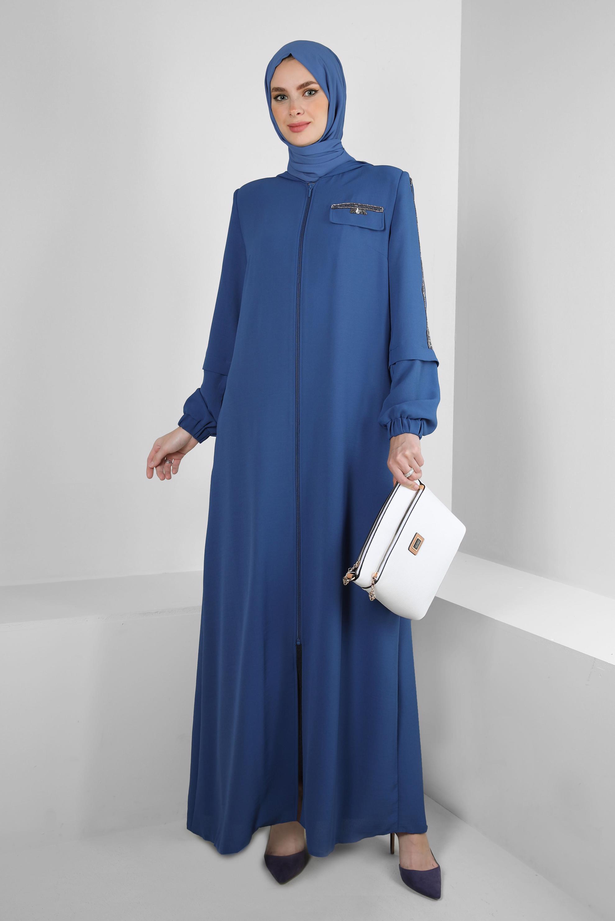 Vêtements hijab BLEU MARINE PARDESSUS ZIPPÉ À CAPUCHE AVEC DÉTAIL GEM 80061