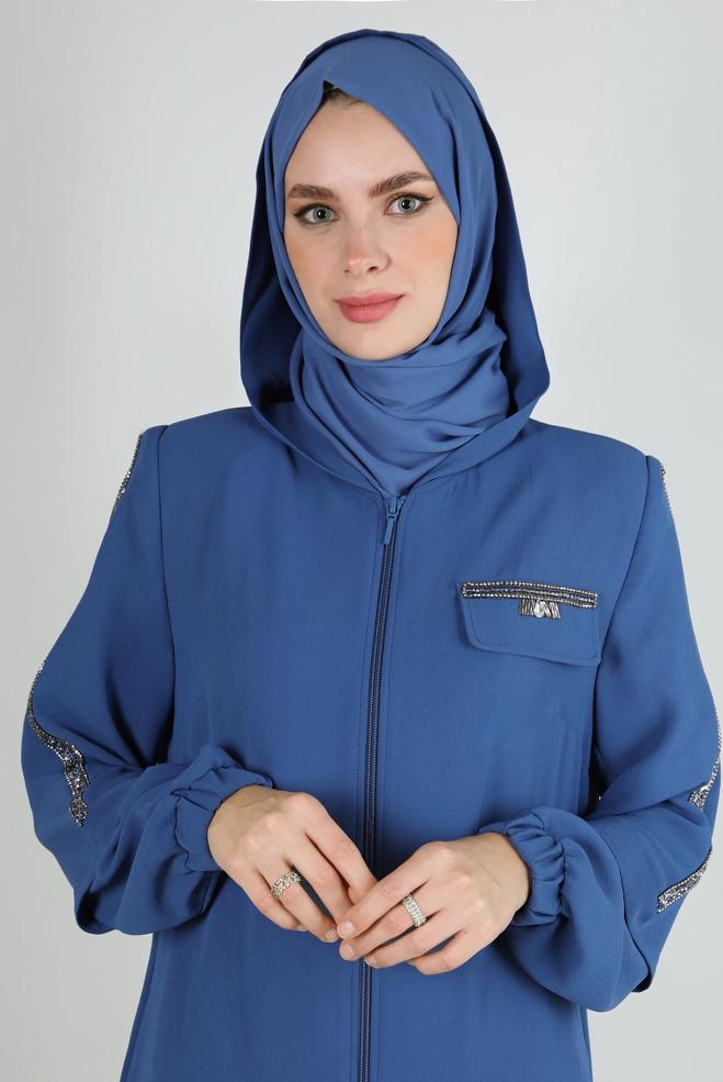 Vêtements hijab BLEU MARINE PARDESSUS ZIPPÉ À CAPUCHE AVEC DÉTAIL GEM 80061 - ALVİNA