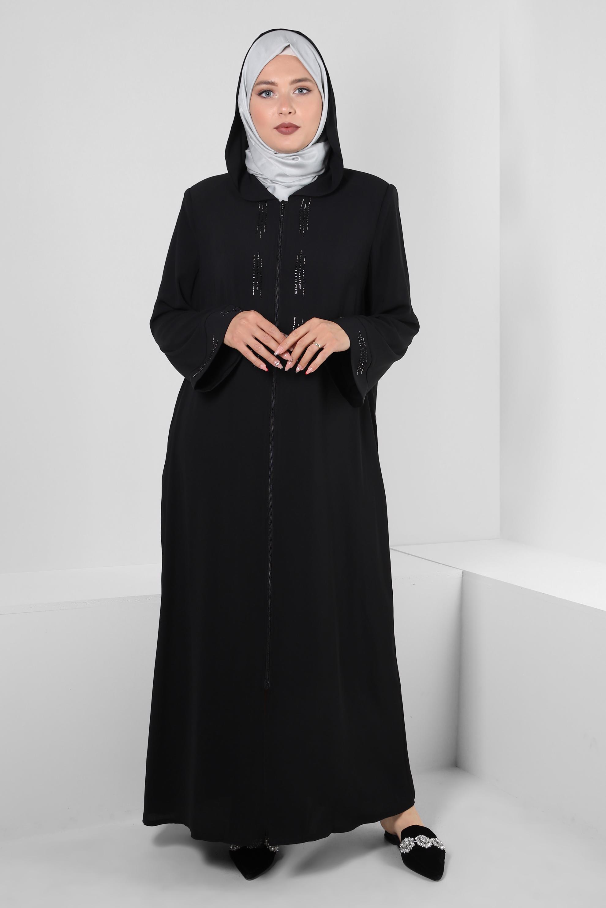 Vêtements hijab NOIR VESTE ZIPPÉE À CAPUCHE AVEC BIJOU 80062