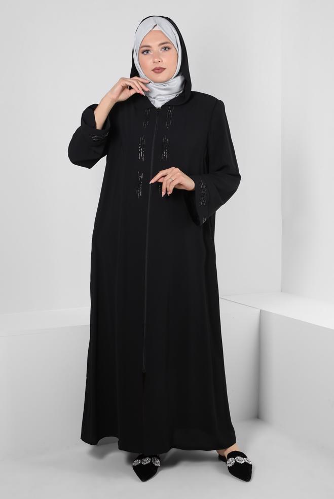 Hijab clothing BLACK HOODED ZIPPERED JACKET WITH GEM 80062 - ALVİNA