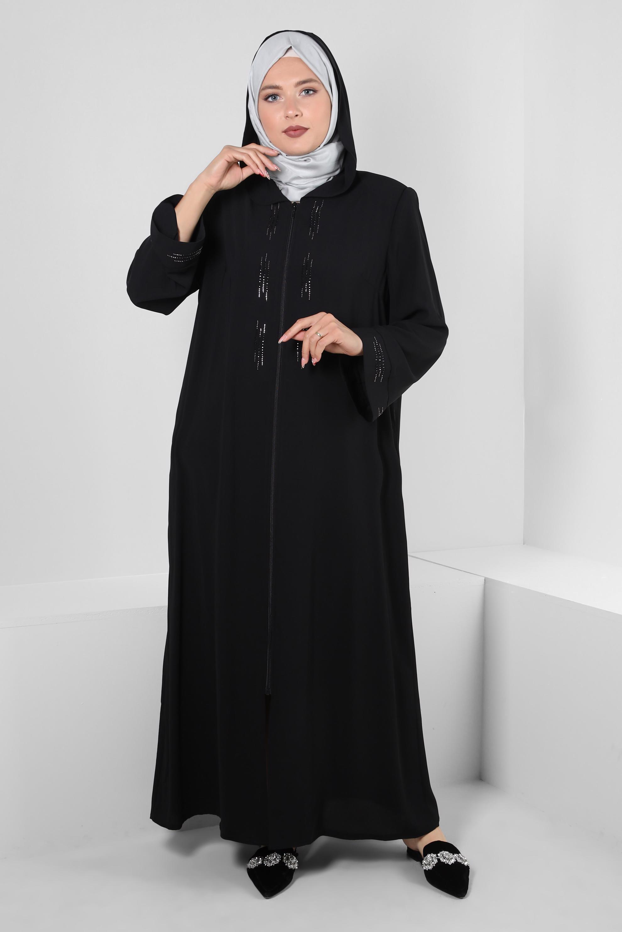 Vêtements hijab NOIR VESTE ZIPPÉE À CAPUCHE AVEC BIJOU 80062