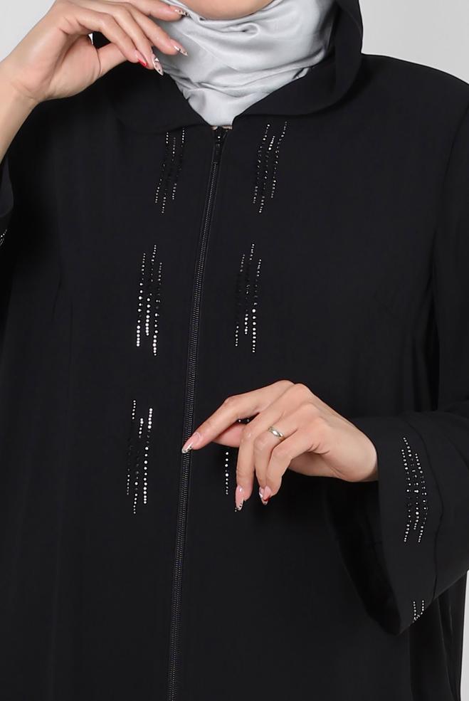 Hijab clothing BLACK HOODED ZIPPERED JACKET WITH GEM 80062 - ALVİNA