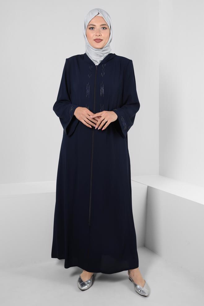 Hijab clothing NAVY BLUE HOODED ZIPPERED JACKET WITH GEM 80062 - ALVİNA
