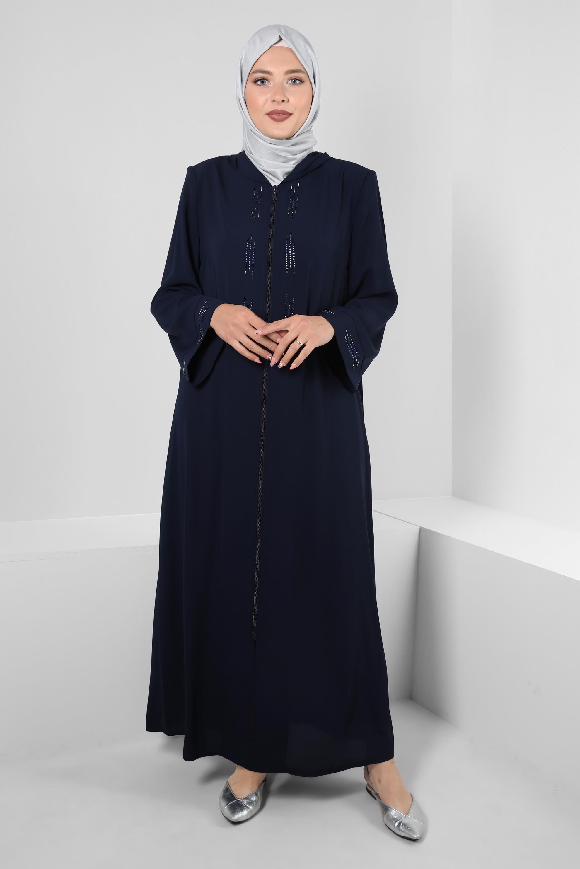 Hijab clothing NAVY BLUE HOODED ZIPPERED JACKET WITH GEM 80062